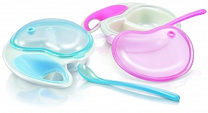 Тарелочка двухсекционная с ложкой, несколько цветов (Nuby, ID5312)